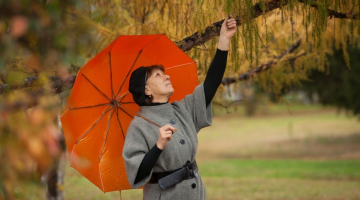 A woman under an umbrella.